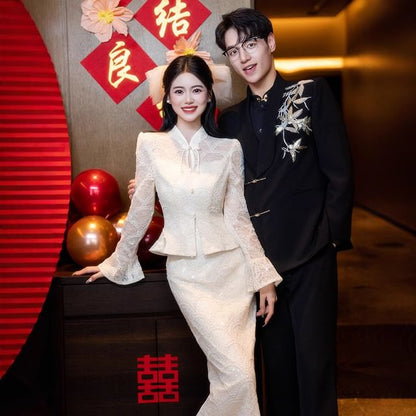 + Lace High Frog Buttoned Button-Up Waist Top Set: Midi Pencil Skirt Long-Sleeve