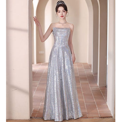 Sequined Spaghetti Gown A-Line Strap Evening