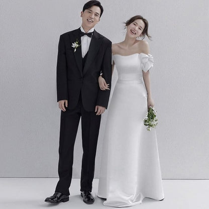 Bow A-Line Evening Gown Puff-Sleeve Off-Shoulder