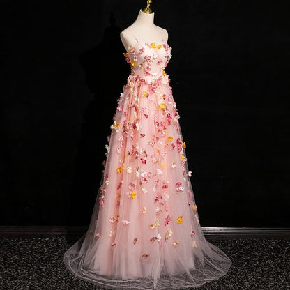 Mesh Applique Gown Strap A-Line Spaghetti Floral Evening