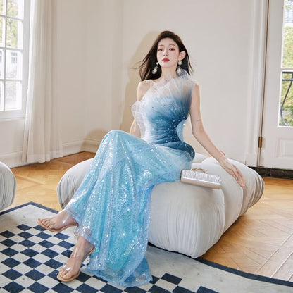 Shoulder One Evening Mermaid Gown Sequined Ombre
