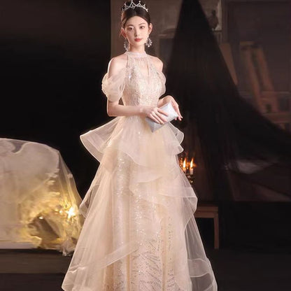 Sequined Ruffled Cold-Shoulder Gown Evening A-Line