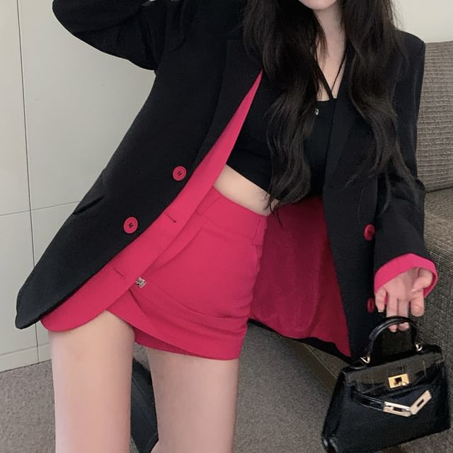 Two Blazer Designs) / Mini (Various Notch High Skirt Waist Pencil Two-Piece Tone Plain Mock Lapel