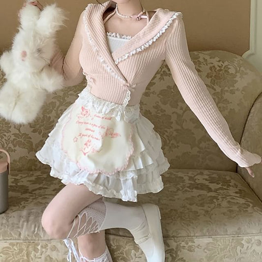 Plain Neck Skirt High A-Line Tiered Lace Mini Bow Apron Top Long-Sleeve Set Accent / Halter Rise Trim Two-Piece Crop Mock Knit Half