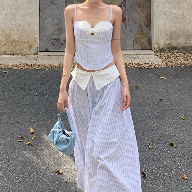 Top Mock Sweetheart Cutout Striped Two-Piece Camisole Skirt A-Line / Maxi Crop High Neckline Waist
