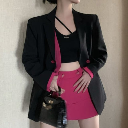 Two Blazer Designs) / Mini (Various Notch High Skirt Waist Pencil Two-Piece Tone Plain Mock Lapel