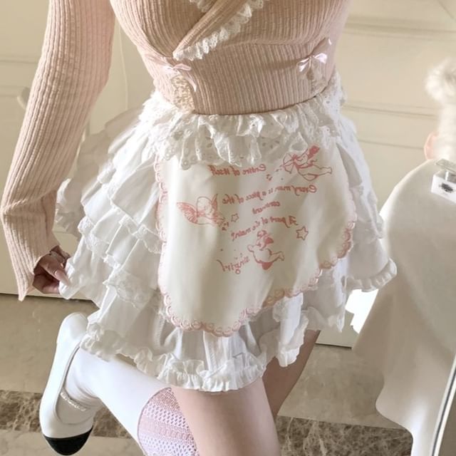 Plain Neck Skirt High A-Line Tiered Lace Mini Bow Apron Top Long-Sleeve Set Accent / Halter Rise Trim Two-Piece Crop Mock Knit Half