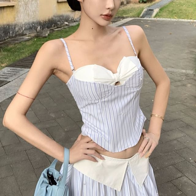 Top Mock Sweetheart Cutout Striped Two-Piece Camisole Skirt A-Line / Maxi Crop High Neckline Waist