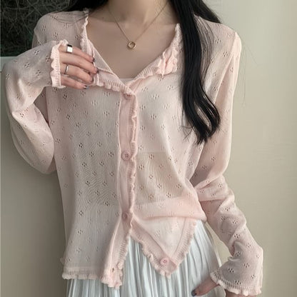 Knit Pointelle Cardigan Edge Plain Lettuce