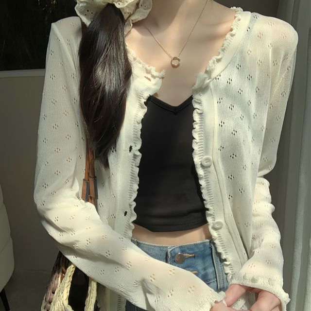 Knit Pointelle Cardigan Edge Plain Lettuce