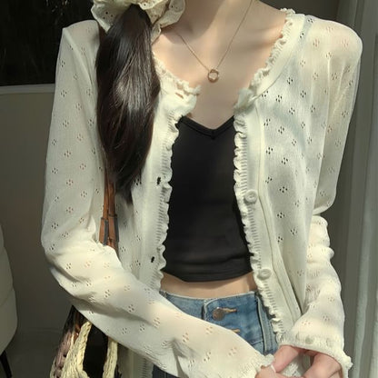 Knit Pointelle Cardigan Edge Plain Lettuce