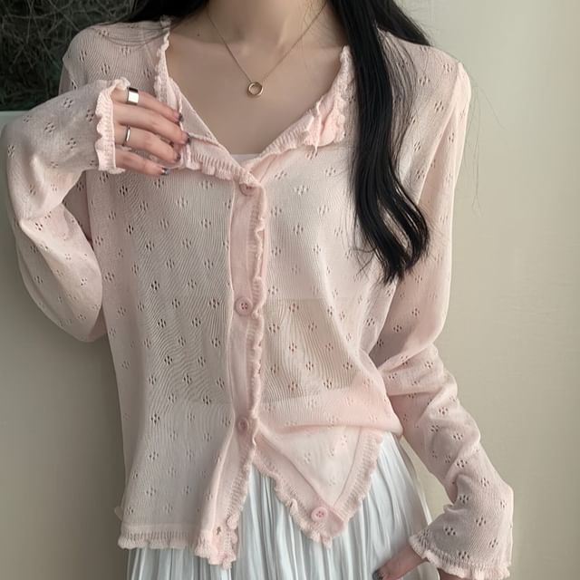 Knit Pointelle Cardigan Edge Plain Lettuce