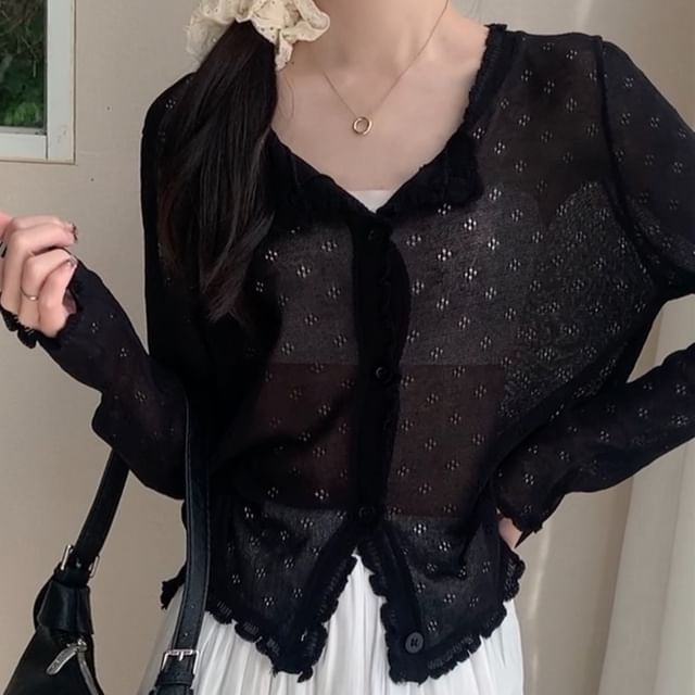 Knit Pointelle Cardigan Edge Plain Lettuce