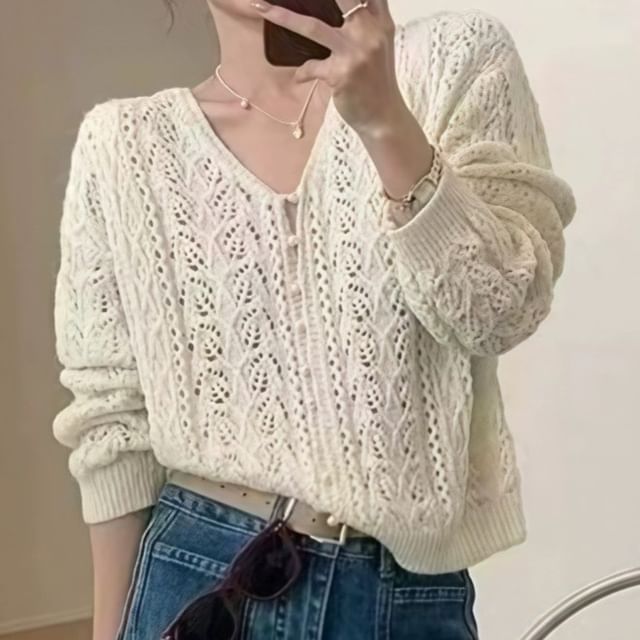 Cardigan Pearl Faux Knit V-Neck Pointelle Plain Button