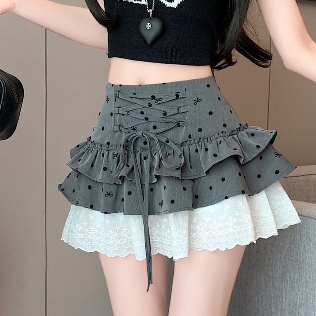 Dotted Tiered A-Line Panel Waist High Lace Mini Bow Skirt
