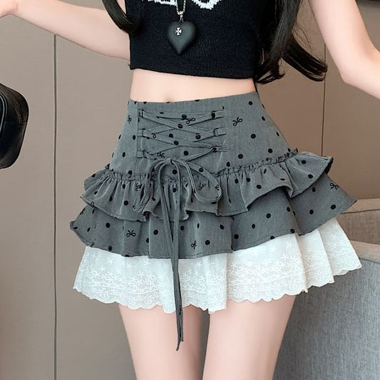 Dotted Tiered A-Line Panel Waist High Lace Mini Bow Skirt