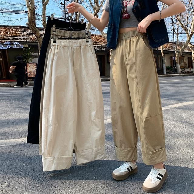 Pants Leg Plain Waist Cropped Wide Elastic