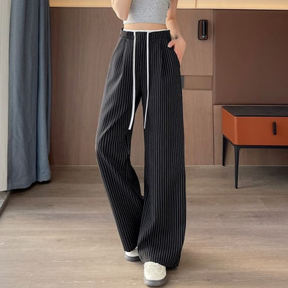 Waist Pinstriped Leg Pants Wide Drawstring Designs) (Various