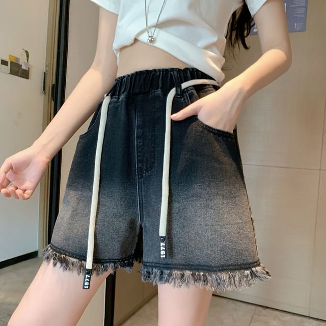 Denim Washed Waist Shorts Drawstring Fringed