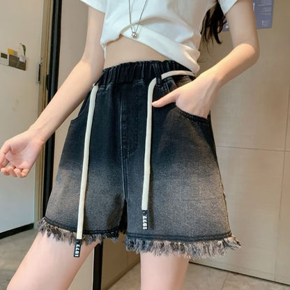 Denim Washed Waist Shorts Drawstring Fringed