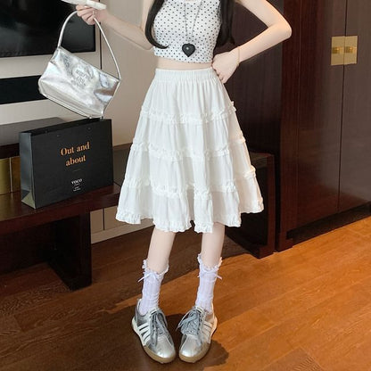 Plain A-Line Elastic Trim Ruffle Skirt Waist Tiered