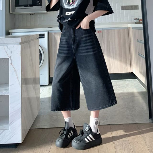 Wide Leg Washed Capri High Jeans Waist