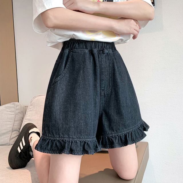 Denim Shorts Elastic Ruffle Waist Trim