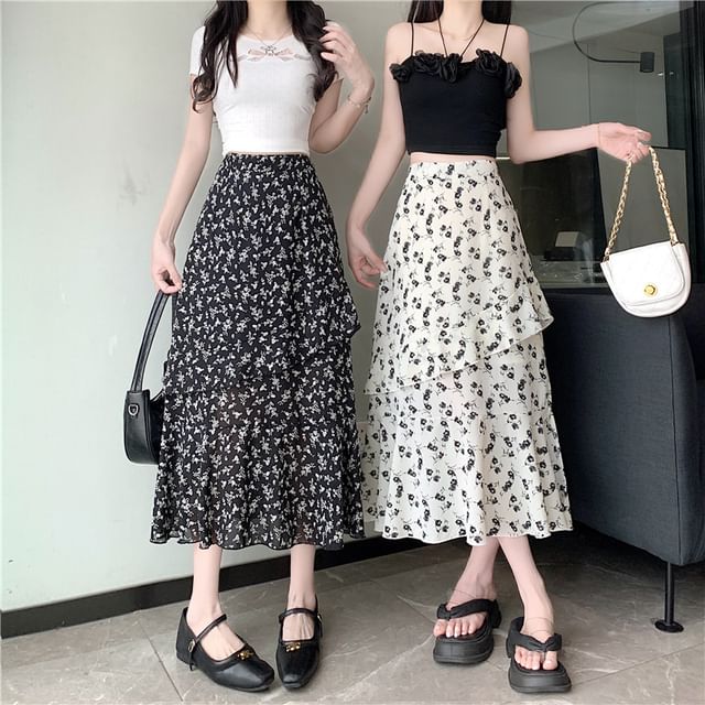 Slit Skirt Floral A-Line Midi Rise Tiered High