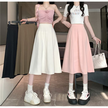 Skirt High Waist Midi A-Line Plain