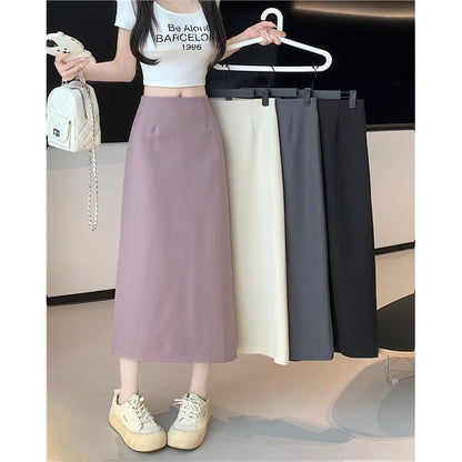 High Skirt Midi Plain Rise A-Line Slit