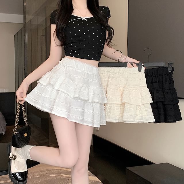 Waist Balletcore Elastic Tiered A-Line Skirt Plain Mini