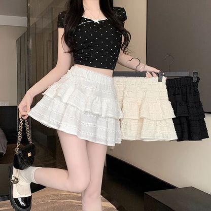 Waist Balletcore Elastic Tiered A-Line Skirt Plain Mini