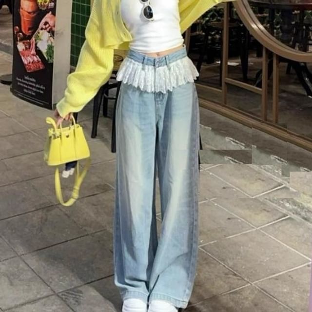 Wide Jeans Panel Leg Washed Waist Lace High