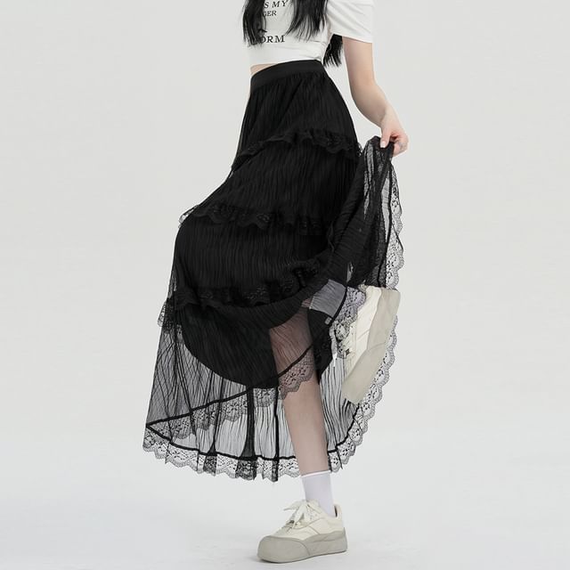 Skirt High Waist Lace Midi A-Line Plain Tiered