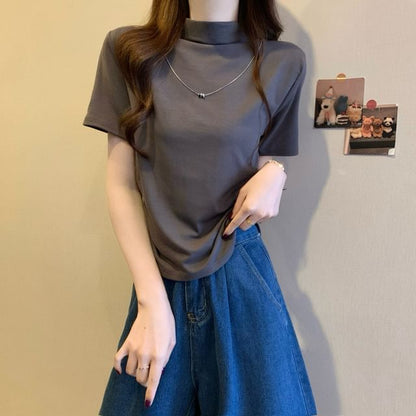 Ruched Short-Sleeve Plain Knit Neck Mock Top