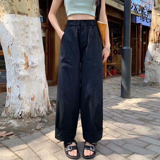 Pants Leg Plain Waist Cropped Wide Elastic