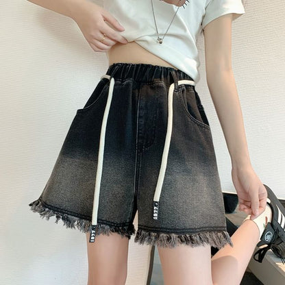 Denim Washed Waist Shorts Drawstring Fringed