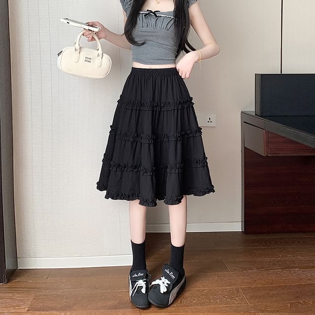 Plain A-Line Elastic Trim Ruffle Skirt Waist Tiered