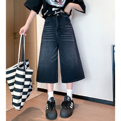 Wide Leg Washed Capri High Jeans Waist