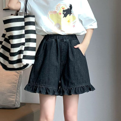 Denim Shorts Elastic Ruffle Waist Trim