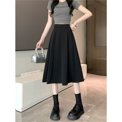Skirt High Waist Midi A-Line Plain