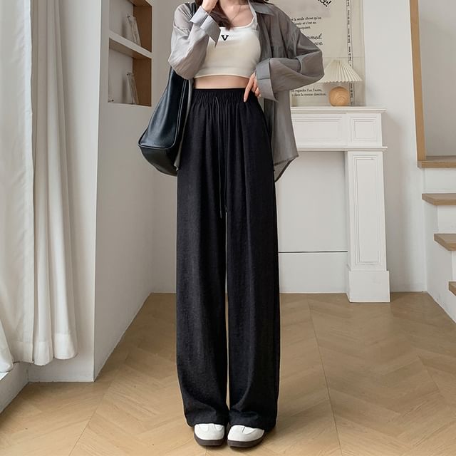 Plain Waist Pants Leg Wide Drawstring