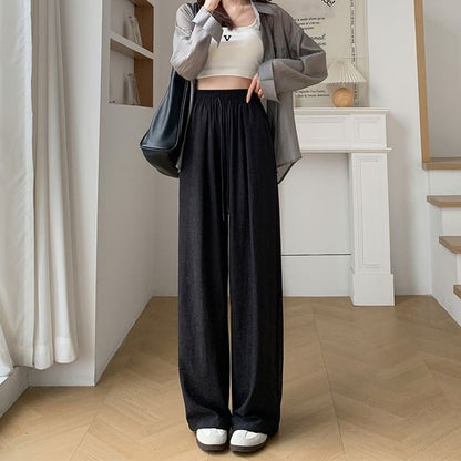 Plain Waist Pants Leg Wide Drawstring