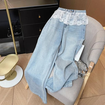 Wide Jeans Panel Leg Washed Waist Lace High