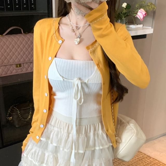 Cardigan Plain Top Front Knit Tie / Crop Ribbed Neck Contrast Tank Stitching Round