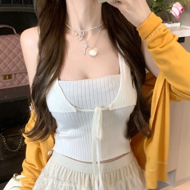 Cardigan Plain Top Front Knit Tie / Crop Ribbed Neck Contrast Tank Stitching Round