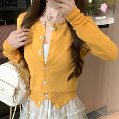 Cardigan Plain Top Front Knit Tie / Crop Ribbed Neck Contrast Tank Stitching Round