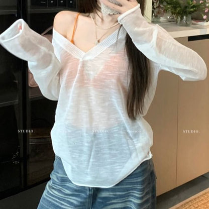 / Plain Knit Bralette Top V-Neck Long-Sleeve