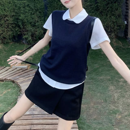 Short Waist Plain / Skirt Round Sweater Collared Shirt Sleeve A-Line Mini Neck Vest High