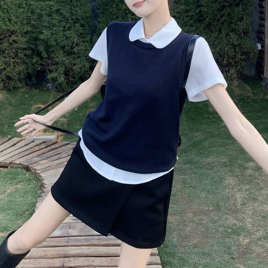 Short Waist Plain / Skirt Round Sweater Collared Shirt Sleeve A-Line Mini Neck Vest High